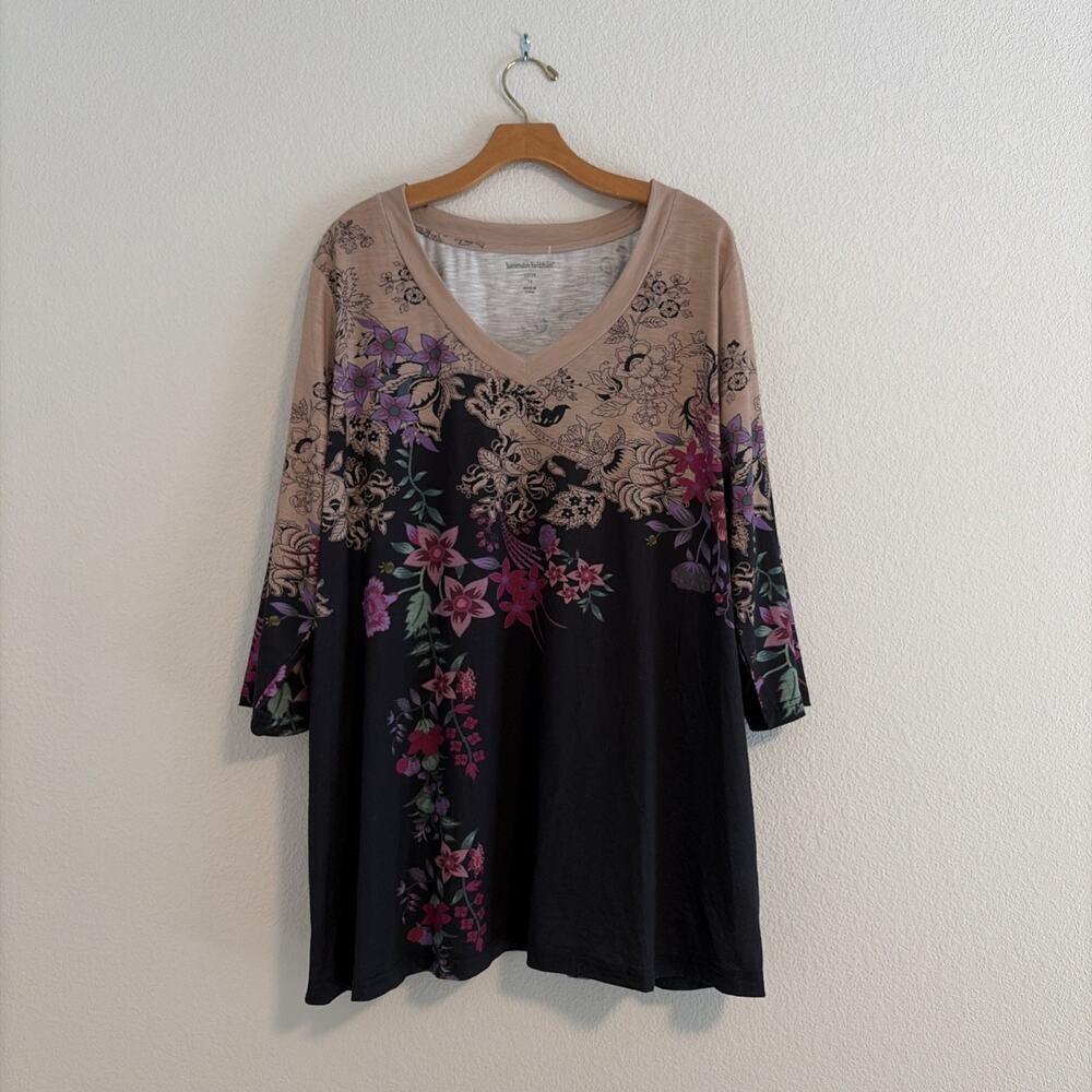 Woman Within Women’s Soft Plus 1X 3/4 Sleeve Brown Black Flower Plus Size